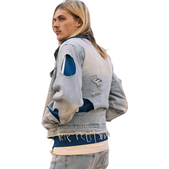 6th NBRHD Stripes Men’s Light Wash Distressed Denim Jacket XL Streetwear Y2K - Picture 2 of 13